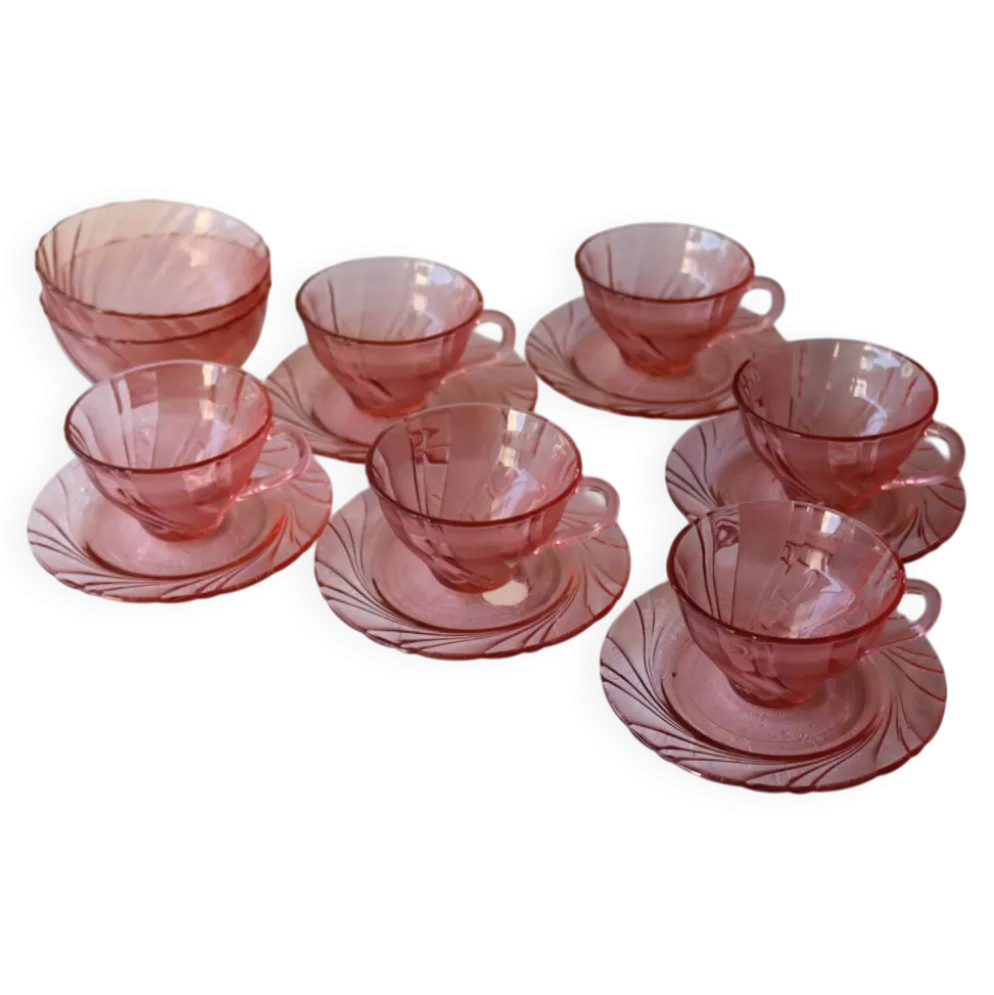 Service en verre rose moulé rosaline – 6 tasses + 6 soucoupes + 2 bols