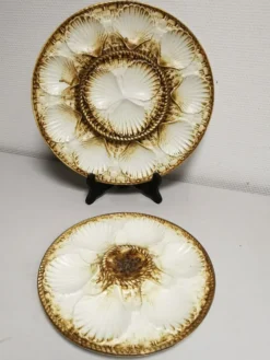 Service à huitres / coquillages vintage de 10 assiettes + 1 plat en faience de longchamp france