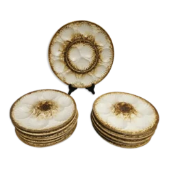 Service à huitres / coquillages vintage de 10 assiettes + 1 plat en faience de longchamp france