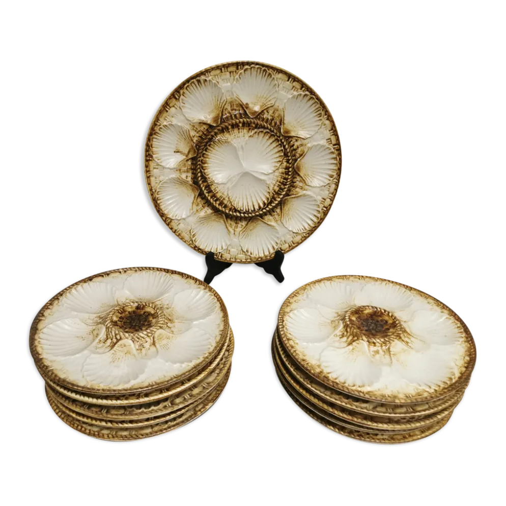 Service à huitres / coquillages vintage de 10 assiettes + 1 plat en faience de longchamp france