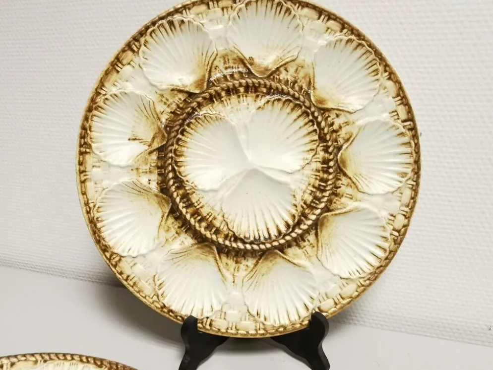 Service à huitres / coquillages vintage de 10 assiettes + 1 plat en faience de longchamp france