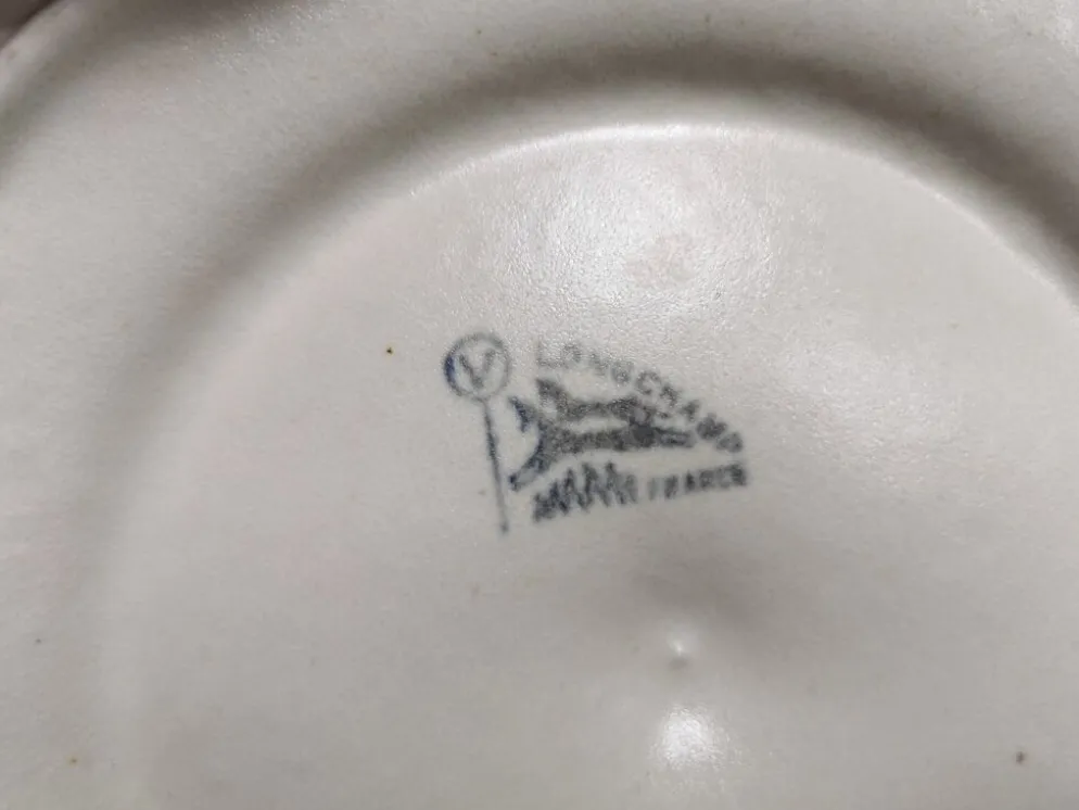 Service à huitres / coquillages vintage de 10 assiettes + 1 plat en faience de longchamp france