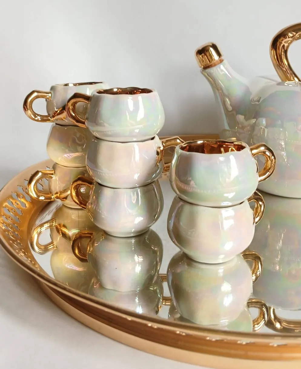 Service à liqueur fructiforme porcelaine ou dinette & son plateau miroir