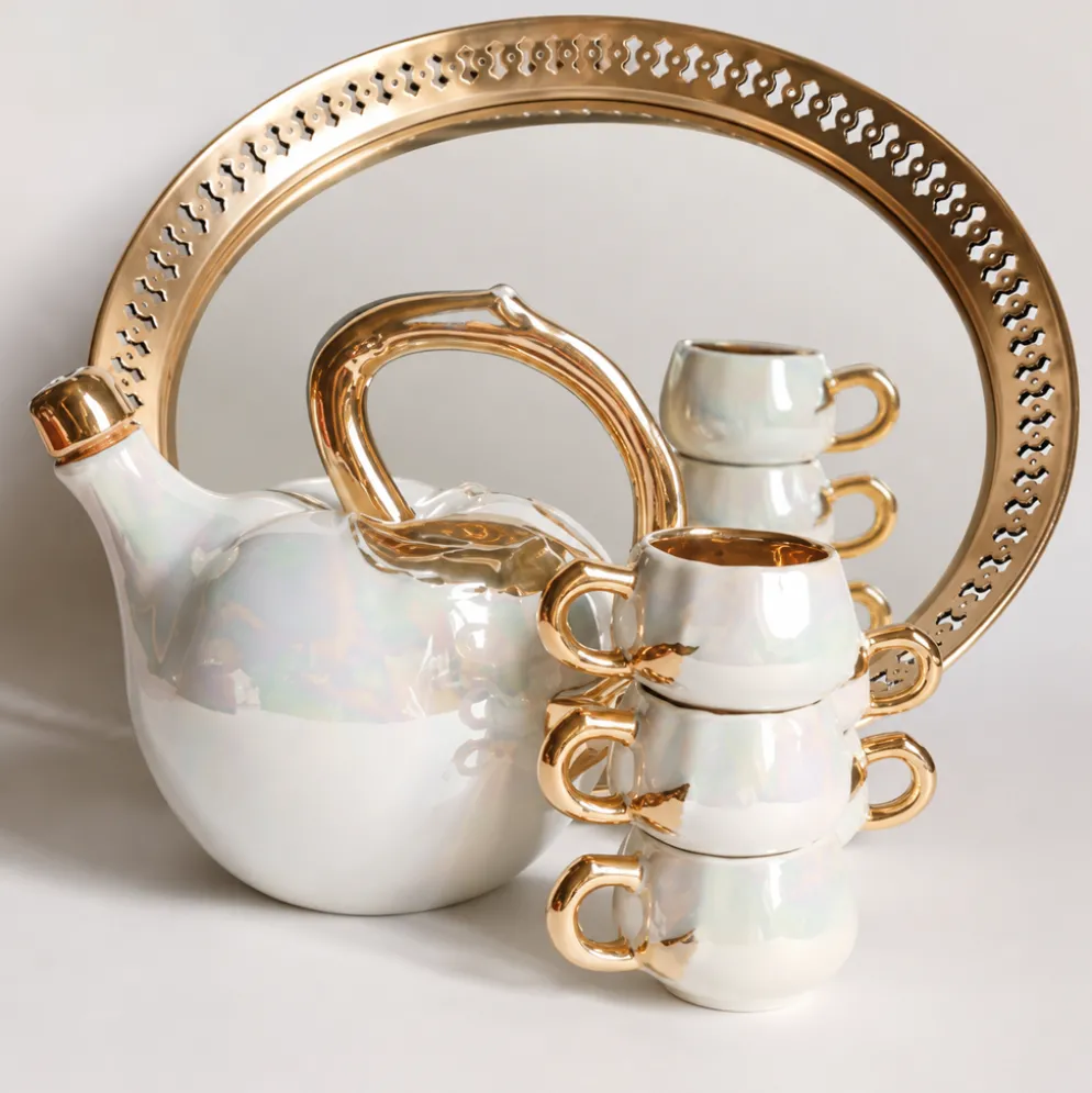 Service à liqueur fructiforme porcelaine ou dinette & son plateau miroir