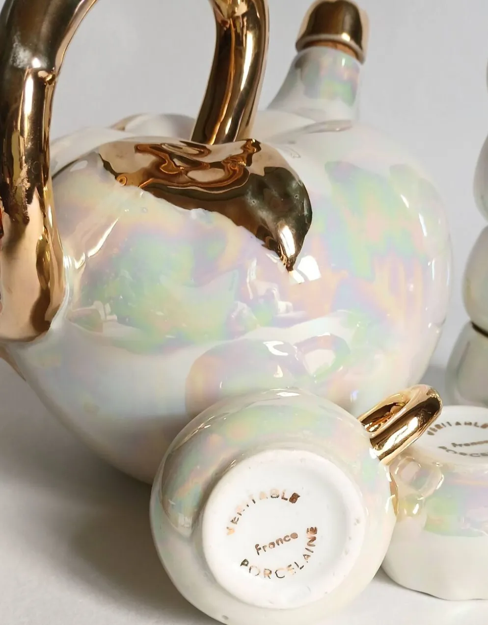 Service à liqueur fructiforme porcelaine ou dinette & son plateau miroir