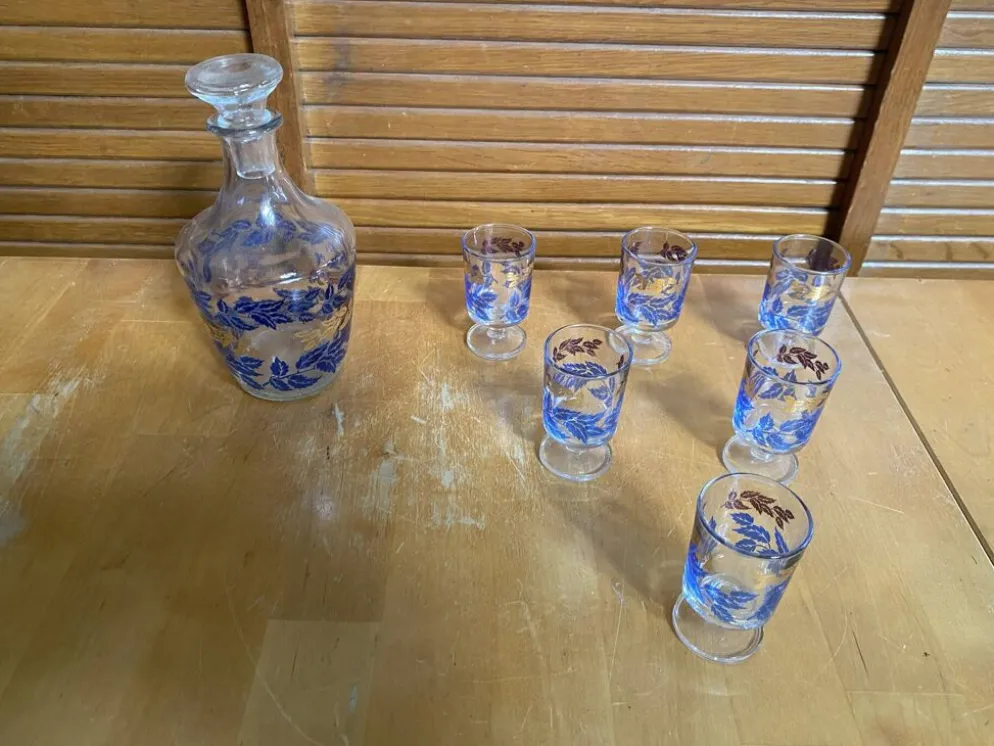 Service liqueur luminarc carafe + 6 verres verre moulé décor feuillage