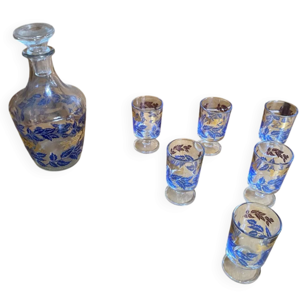 Service liqueur luminarc carafe + 6 verres verre moulé décor feuillage