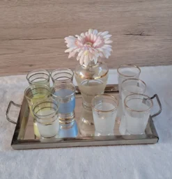Service à liqueur vintage années 50/60 — Carafe, 9 verres pastel & pla
