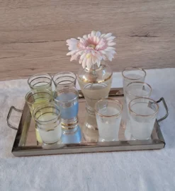 Service à liqueur vintage années 50/60 — Carafe, 9 verres pastel & pla