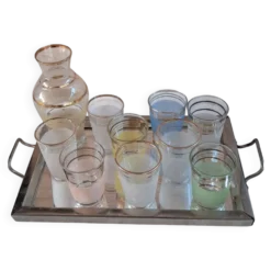 Service à liqueur vintage années 50/60 — Carafe, 9 verres pastel & pla