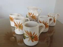 Service à orangeade en céramique craquelée, motif floral années 60