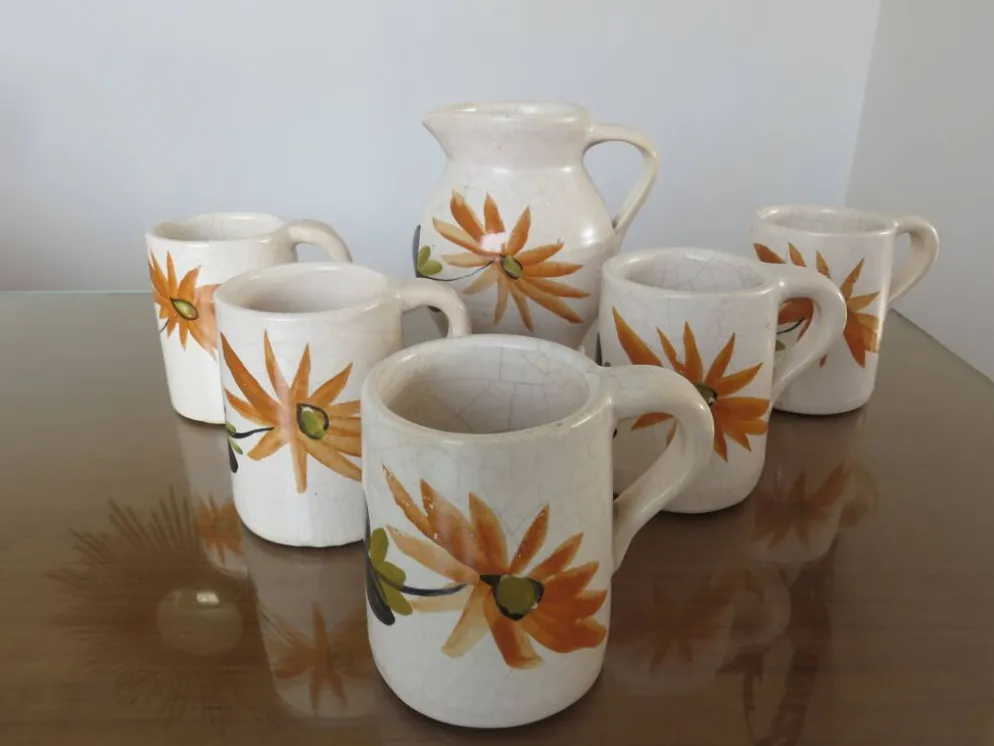 Service à orangeade en céramique craquelée, motif floral années 60