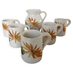 Service à orangeade en céramique craquelée, motif floral années 60