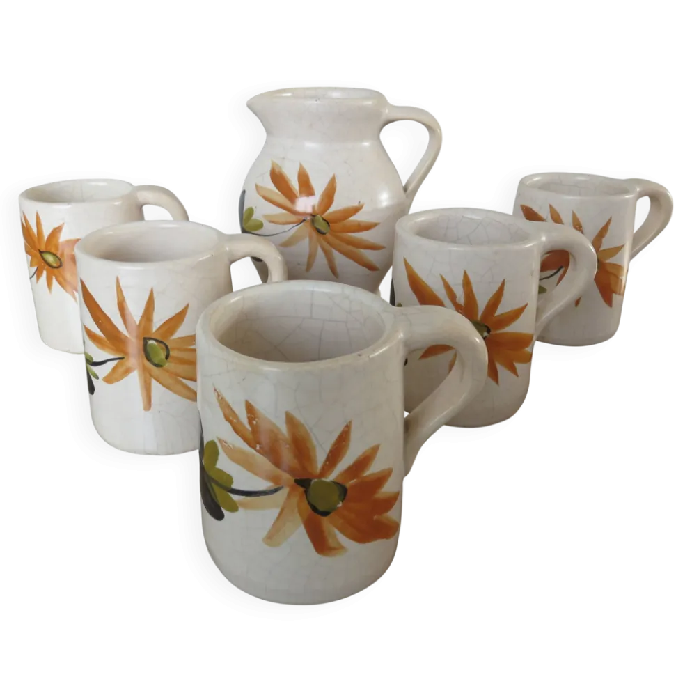 Service à orangeade en céramique craquelée, motif floral années 60
