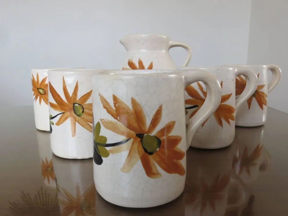 Service à orangeade en céramique craquelée, motif floral années 60