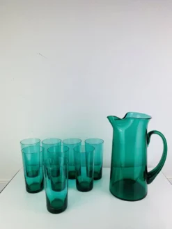 Service à orangeade en verre soufflé artisanal, années 60, carafe et verres