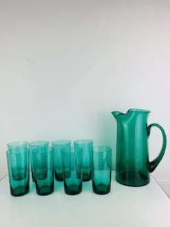 Service à orangeade en verre soufflé artisanal, années 60, carafe et verres