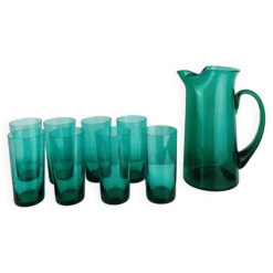 Service à orangeade en verre soufflé artisanal, années 60, carafe et verres