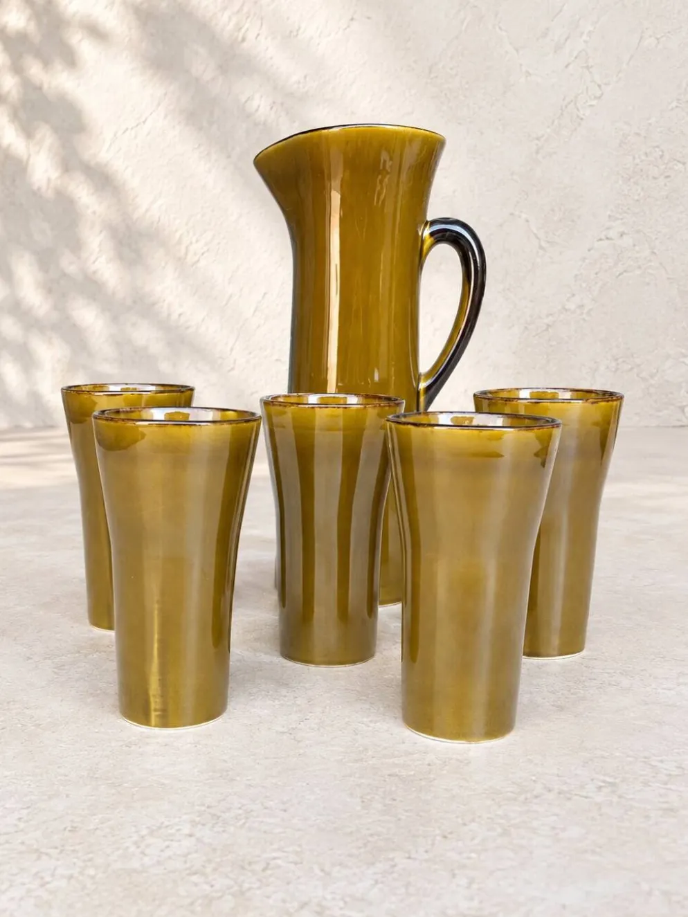 Service à orangeade vintage en céramique émaillée – Pichet Gladys & 5 verre