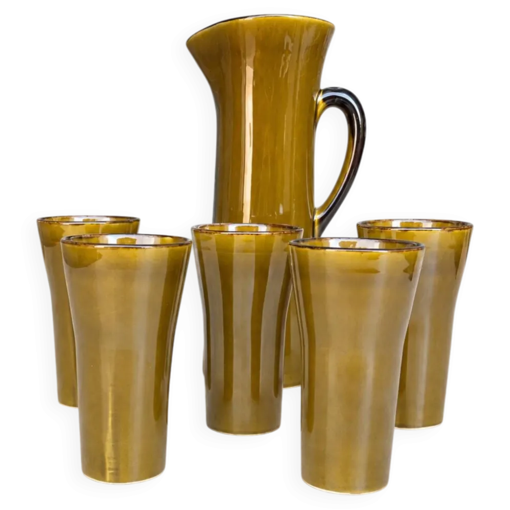Service à orangeade vintage en céramique émaillée – Pichet Gladys & 5 verre