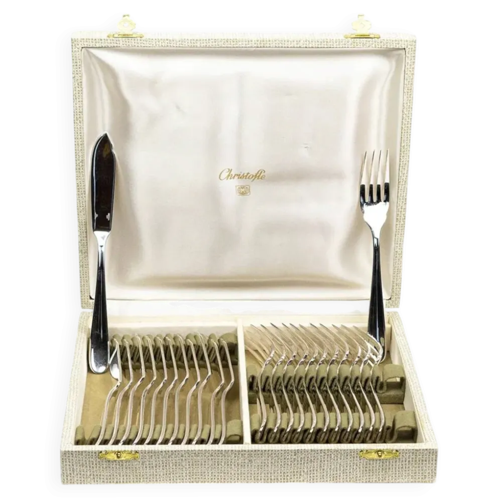 Service à poisson Christofle pour 12 — métal argenté, poinçons OC, coffret