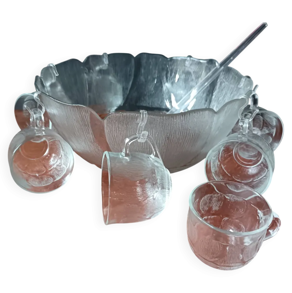 Service à punch, saladier, 8 bols en verre vintage, Primavera Italie