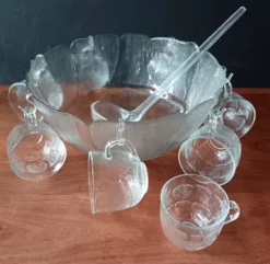 Service à punch, saladier, 8 bols en verre vintage, Primavera Italie