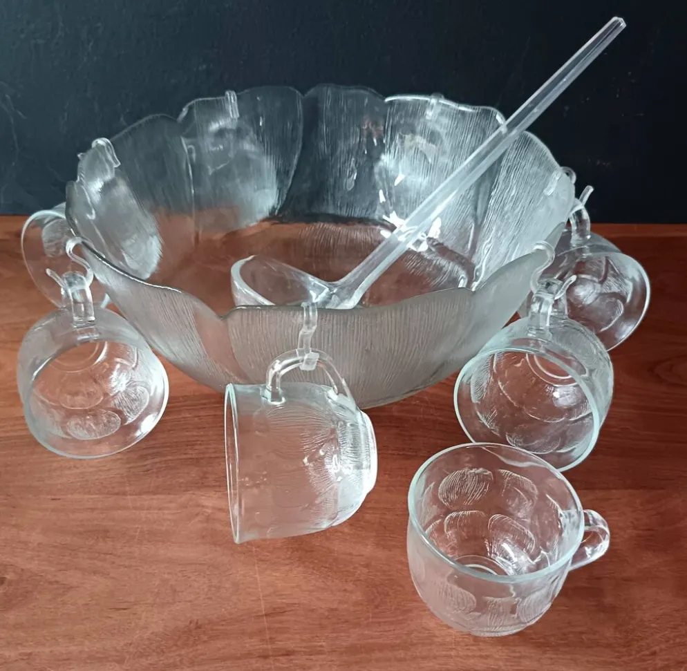 Service à punch, saladier, 8 bols en verre vintage, Primavera Italie