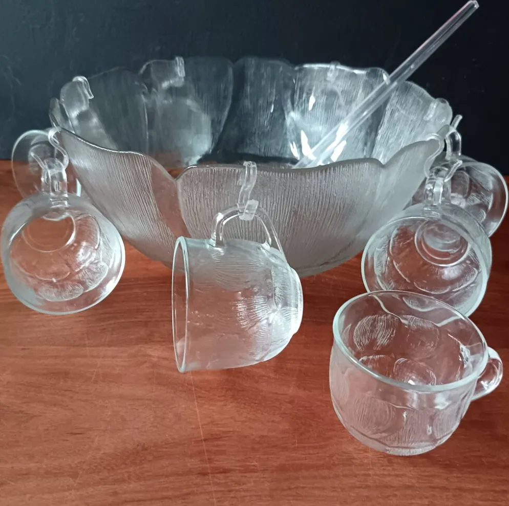 Service à punch, saladier, 8 bols en verre vintage, Primavera Italie