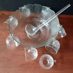 Service à punch, saladier, 8 bols en verre vintage, Primavera Italie