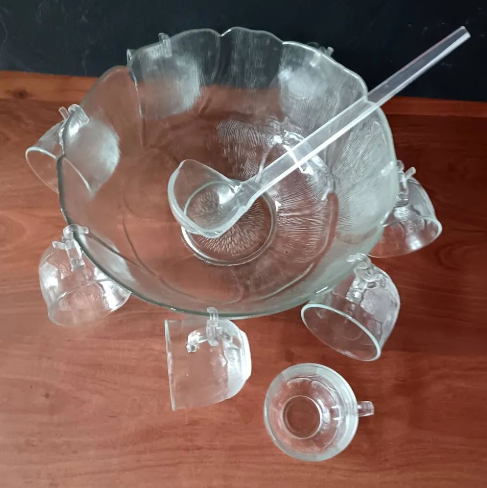 Service à punch, saladier, 8 bols en verre vintage, Primavera Italie