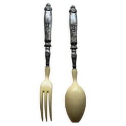 Service à salade ancien en métal argenté et ivoire/os – Dans son coffret d'