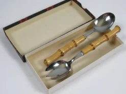 Service à salade vintage en acier inoxydable et bambou – Allemagne, années