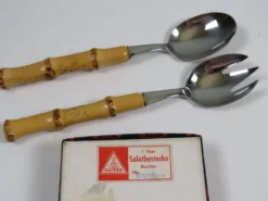 Service à salade vintage en acier inoxydable et bambou – Allemagne, années