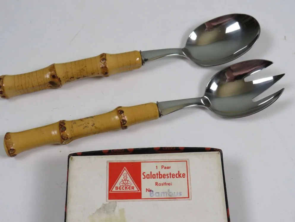 Service à salade vintage en acier inoxydable et bambou – Allemagne, années