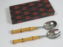Service à salade vintage en acier inoxydable et bambou – Allemagne, années