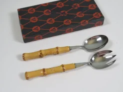 Service à salade vintage en acier inoxydable et bambou – Allemagne, années