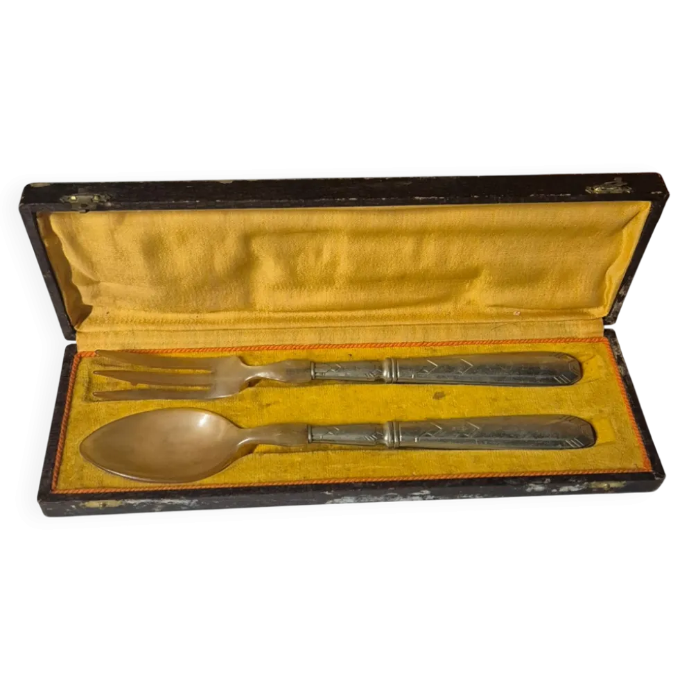 Service salade vintage métal argenté & bakélite 28cm coffret ancien