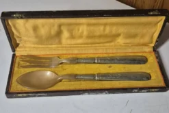 Service salade vintage métal argenté & bakélite 28cm coffret ancien