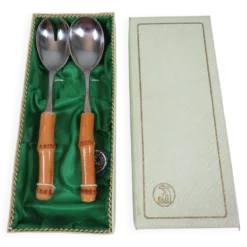 Service à salade vintage Solingen en acier inoxydable et bambou – Allemagne
