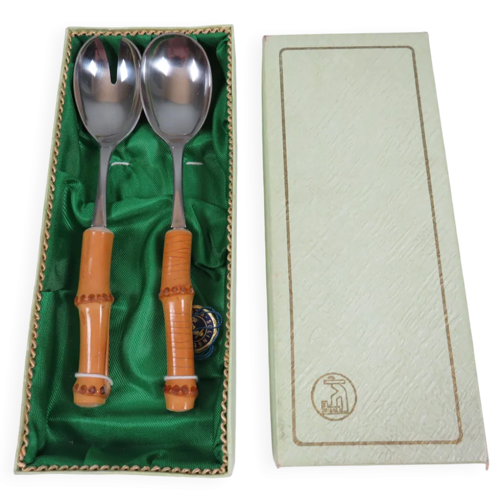 Service à salade vintage Solingen en acier inoxydable et bambou – Allemagne