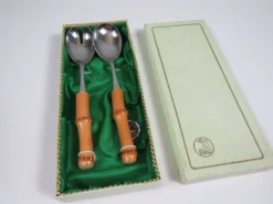 Service à salade vintage Solingen en acier inoxydable et bambou – Allemagne