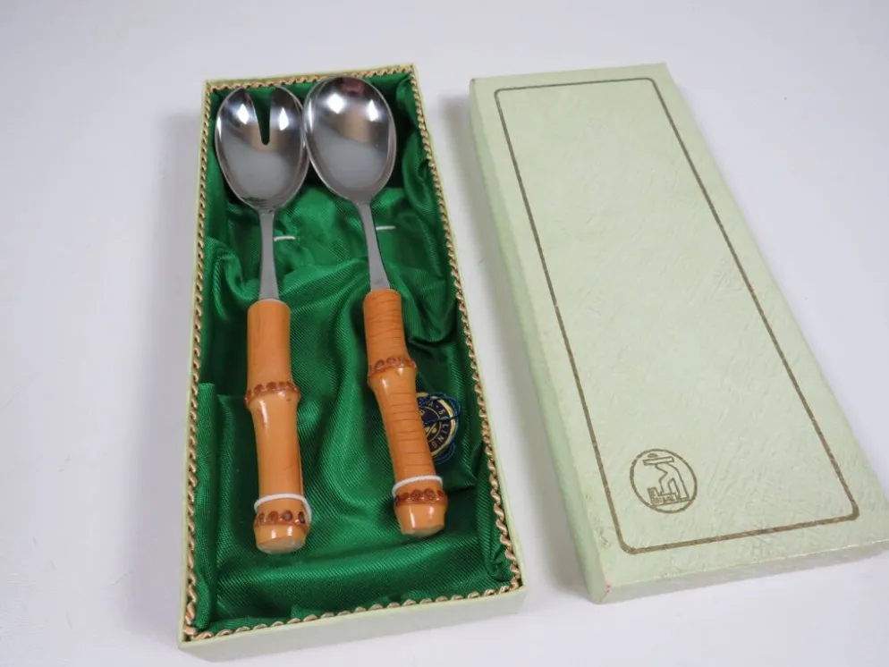 Service à salade vintage Solingen en acier inoxydable et bambou – Allemagne