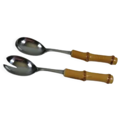Service à salade vintage Solingen en acier inoxydable et bambou – Allemagne