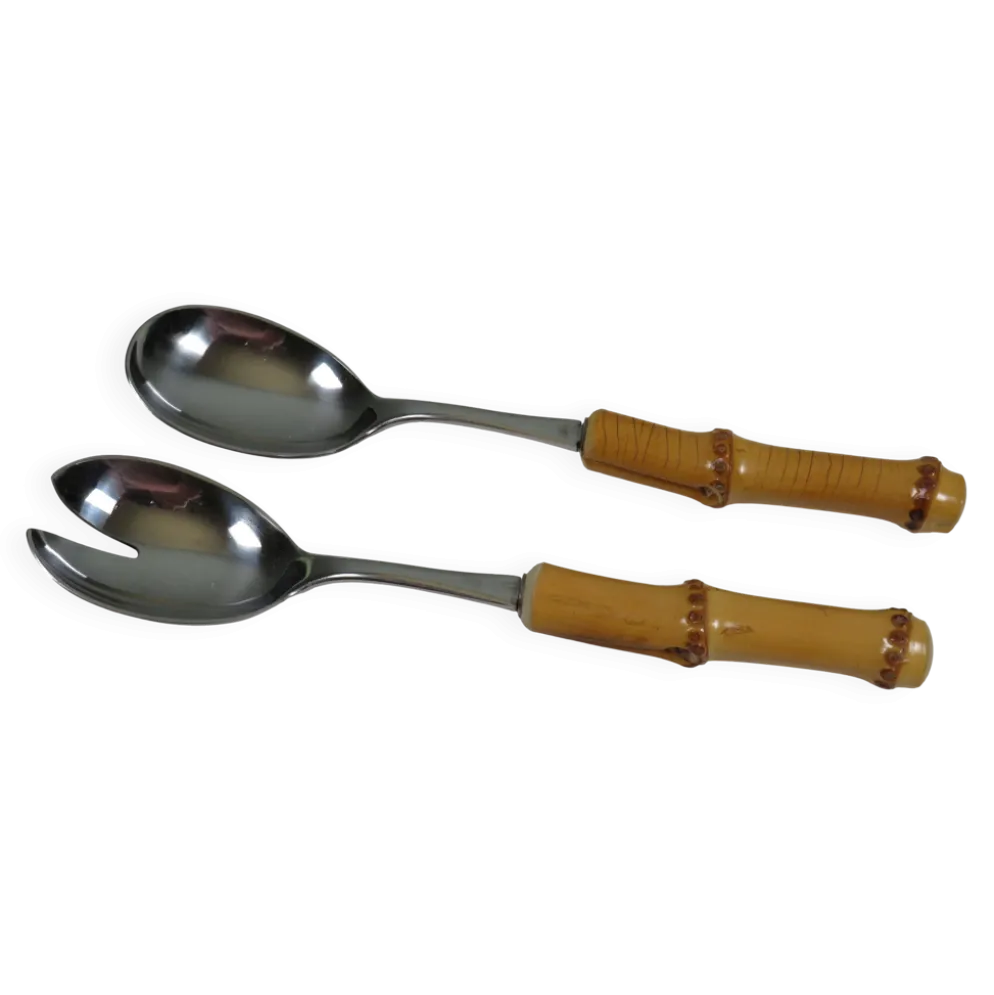 Service à salade vintage Solingen en acier inoxydable et bambou – Allemagne