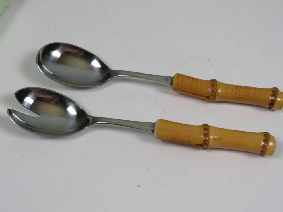 Service à salade vintage Solingen en acier inoxydable et bambou – Allemagne