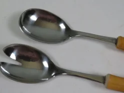 Service à salade vintage Solingen en acier inoxydable et bambou – Allemagne