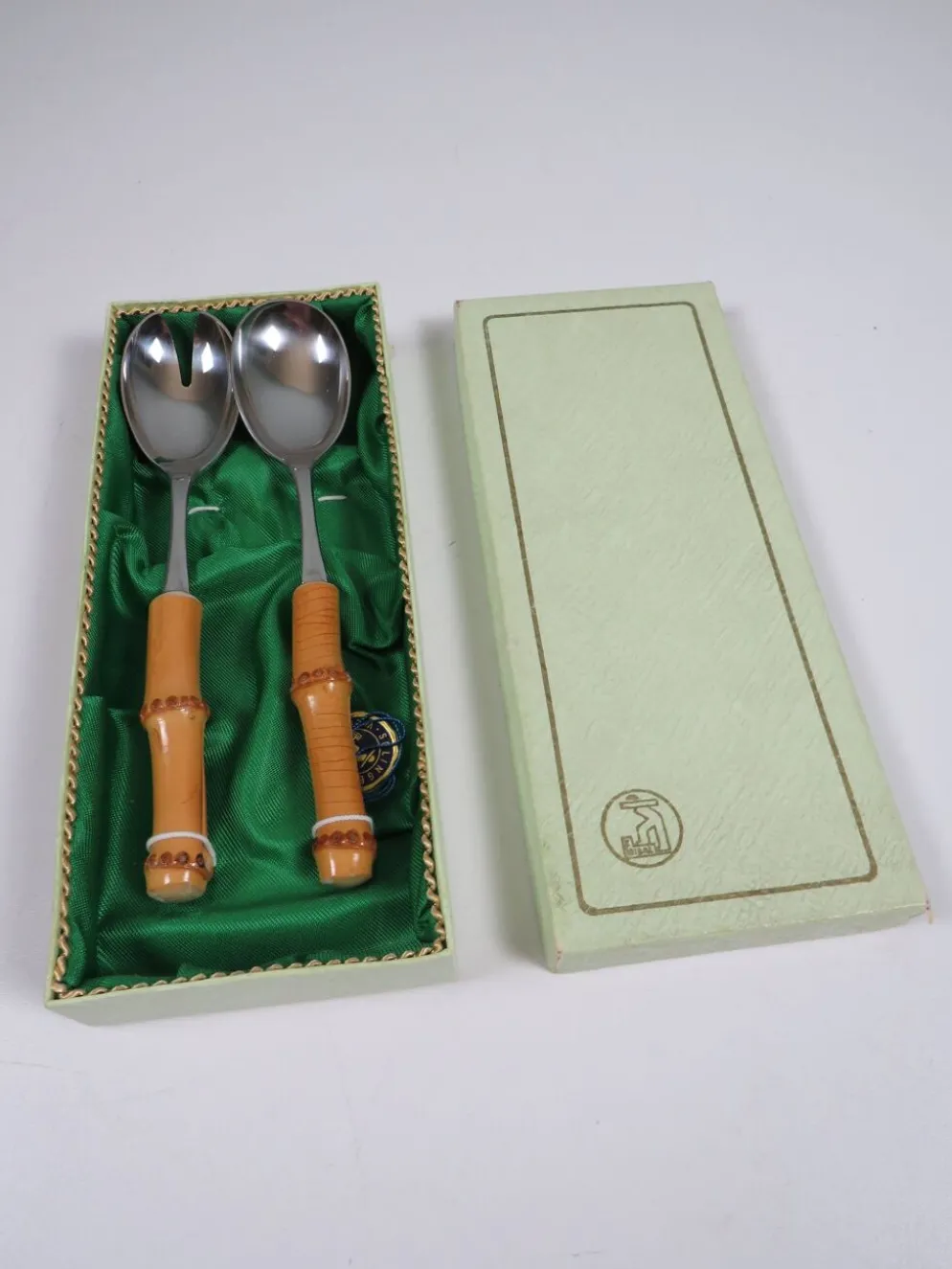 Service à salade vintage Solingen en acier inoxydable et bambou – Allemagne