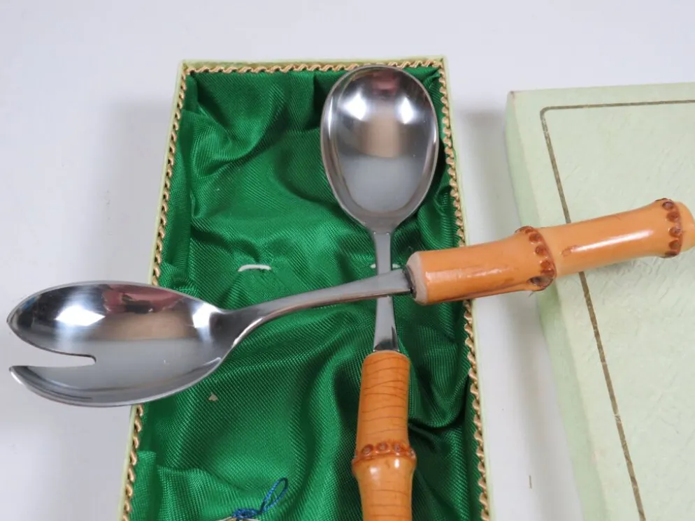 Service à salade vintage Solingen en acier inoxydable et bambou – Allemagne