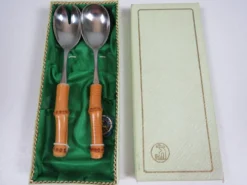 Service à salade vintage Solingen en acier inoxydable et bambou – Allemagne